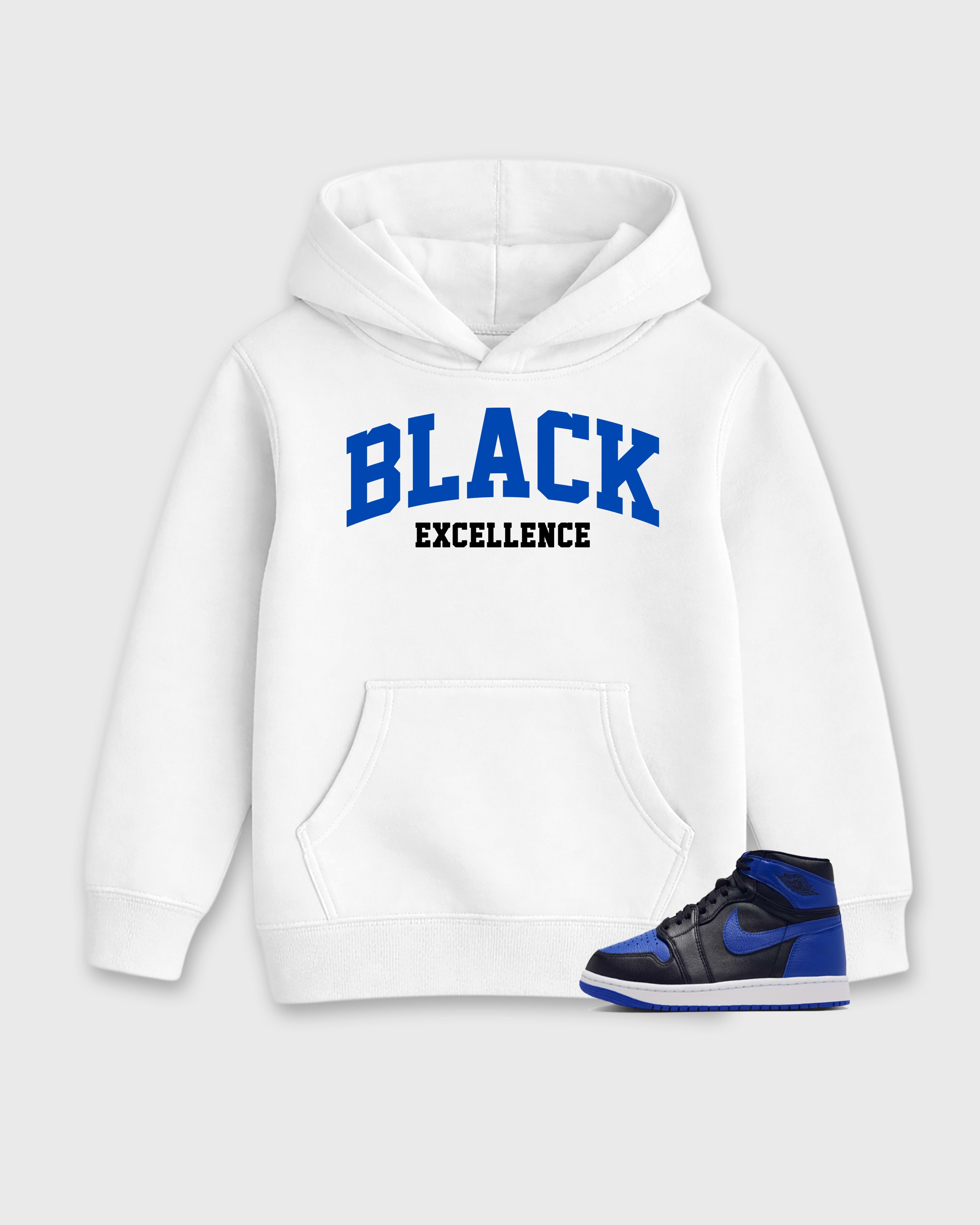Varsity Black Excellence Baby & Kids Graphic Hoodie featuring original artwork designed to match the Air Jordan 1 Royal. White 1 Kids Graphic Sweater.
