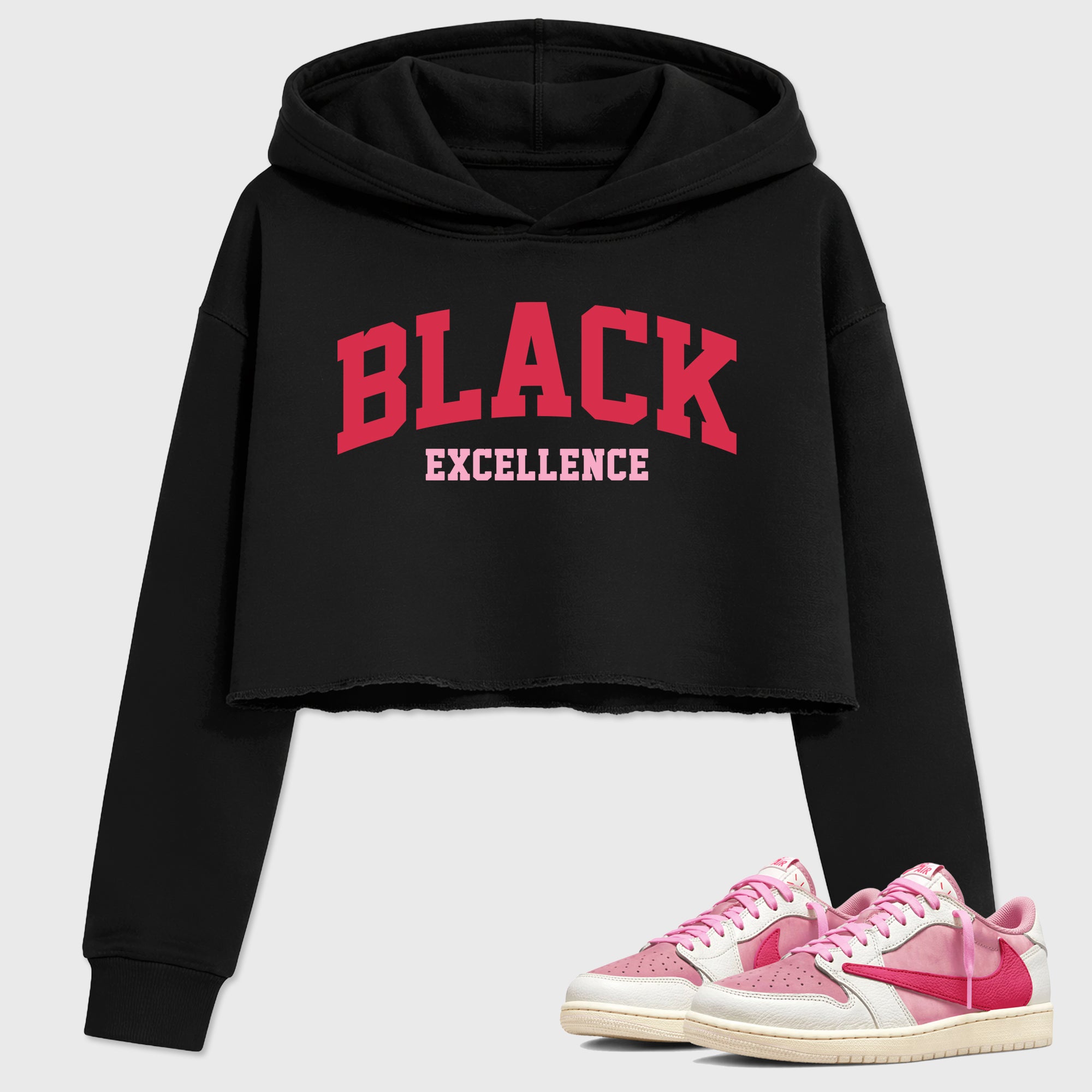 Perfect Sneakerhead Fashion Outfits – Sneaker Tees To Match Air Jordan 1 Low OG x Travis Scott Tropical Pink Shoes – Varsity Black Excellence Graphic Crop Top Black 1