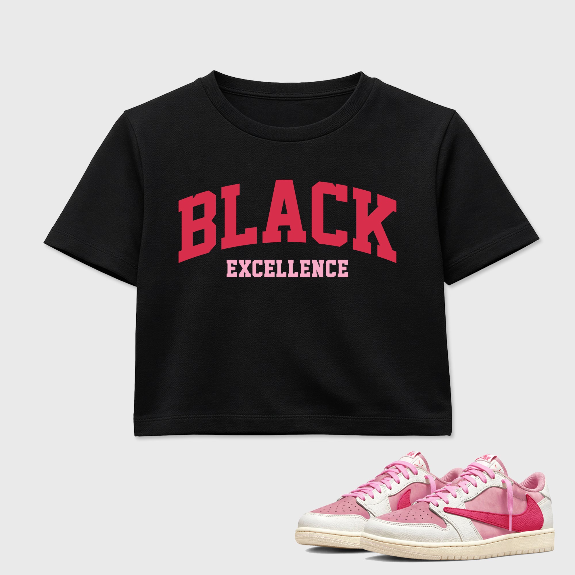 Perfect Sneakerhead Fashion Outfits – Sneaker Tees To Match Air Jordan 1 Low OG x Travis Scott Tropical Pink Shoes – Varsity Black Excellence Graphic Crop Top Black 1