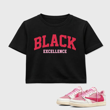 Perfect Sneakerhead Fashion Outfits – Sneaker Tees To Match Air Jordan 1 Low OG x Travis Scott Tropical Pink Shoes – Varsity Black Excellence Graphic Crop Top Black 1