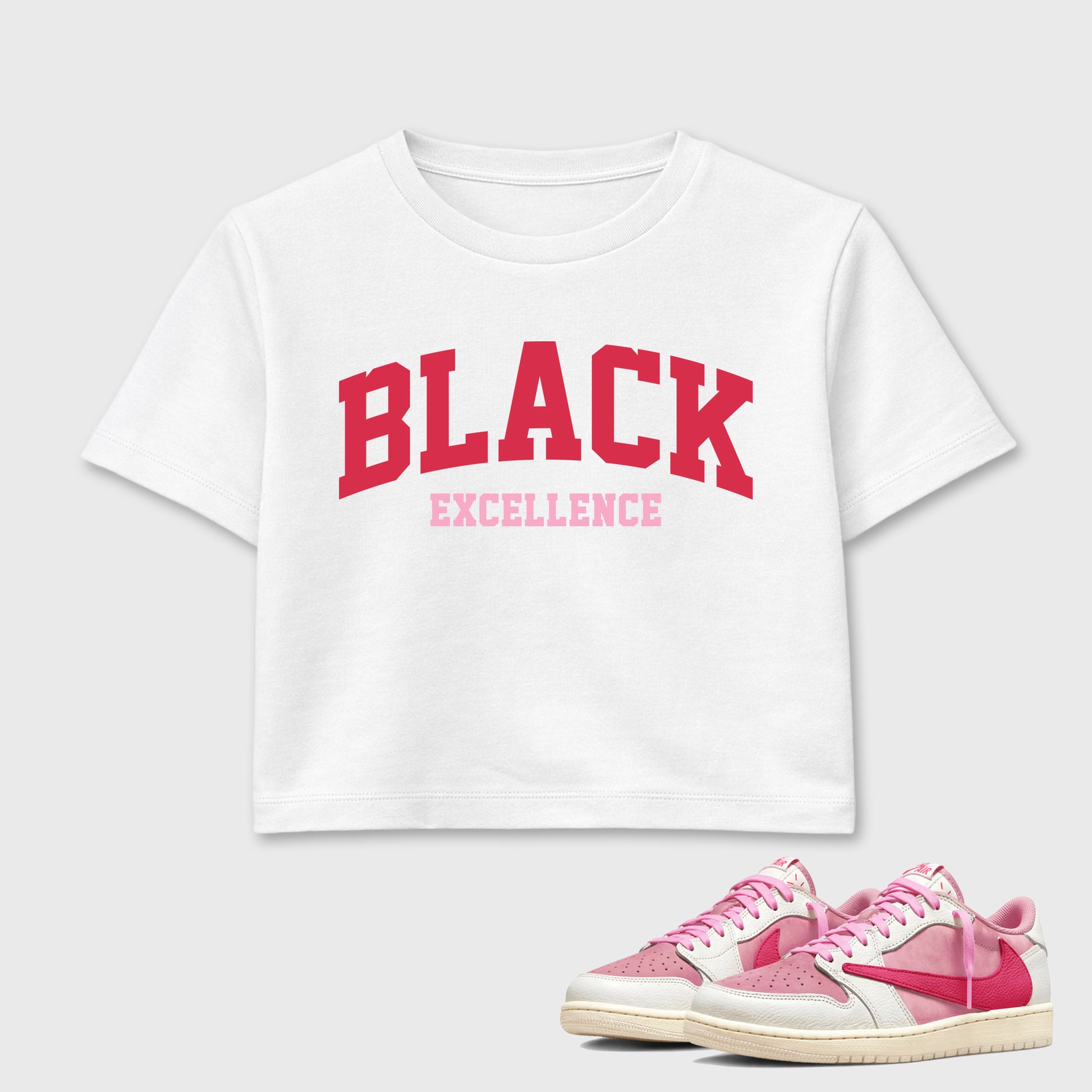 Perfect Sneakerhead Fashion Outfits – Sneaker Tees To Match Air Jordan 1 Low OG x Travis Scott Tropical Pink Shoes – Varsity Black Excellence Graphic Crop Top White 1