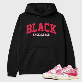Perfect Sneakerhead Fashion Outfits – Sneaker Tees To Match Air Jordan 1 Low OG x Travis Scott Tropical Pink Shoes – Varsity Black Excellence Graphic Tee Black 1