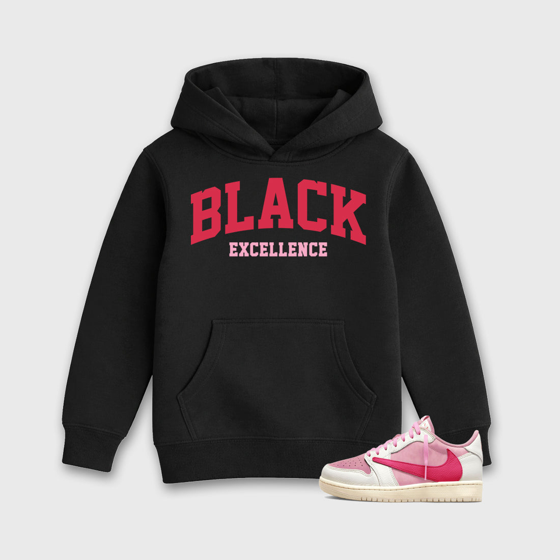 Perfect Sneakerhead Fashion Outfits – Sneaker Tees To Match Air Jordan 1 Low OG x Travis Scott Tropical Pink Shoes – Varsity Black Excellence Kids Graphic T-Shirt Black 1