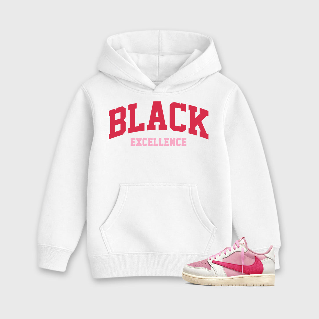 Perfect Sneakerhead Fashion Outfits – Sneaker Tees To Match Air Jordan 1 Low OG x Travis Scott Tropical Pink Shoes – Varsity Black Excellence Kids Graphic T-Shirt White 1
