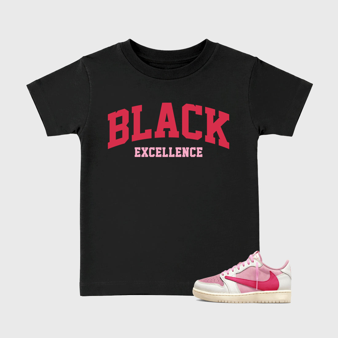 Perfect Sneakerhead Fashion Outfits – Sneaker Tees To Match Air Jordan 1 Low OG x Travis Scott Tropical Pink Shoes – Varsity Black Excellence Kids Graphic T-Shirt Black 1