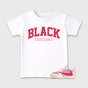 Perfect Sneakerhead Fashion Outfits – Sneaker Tees To Match Air Jordan 1 Low OG x Travis Scott Tropical Pink Shoes – Varsity Black Excellence Kids Graphic T-Shirt White 1