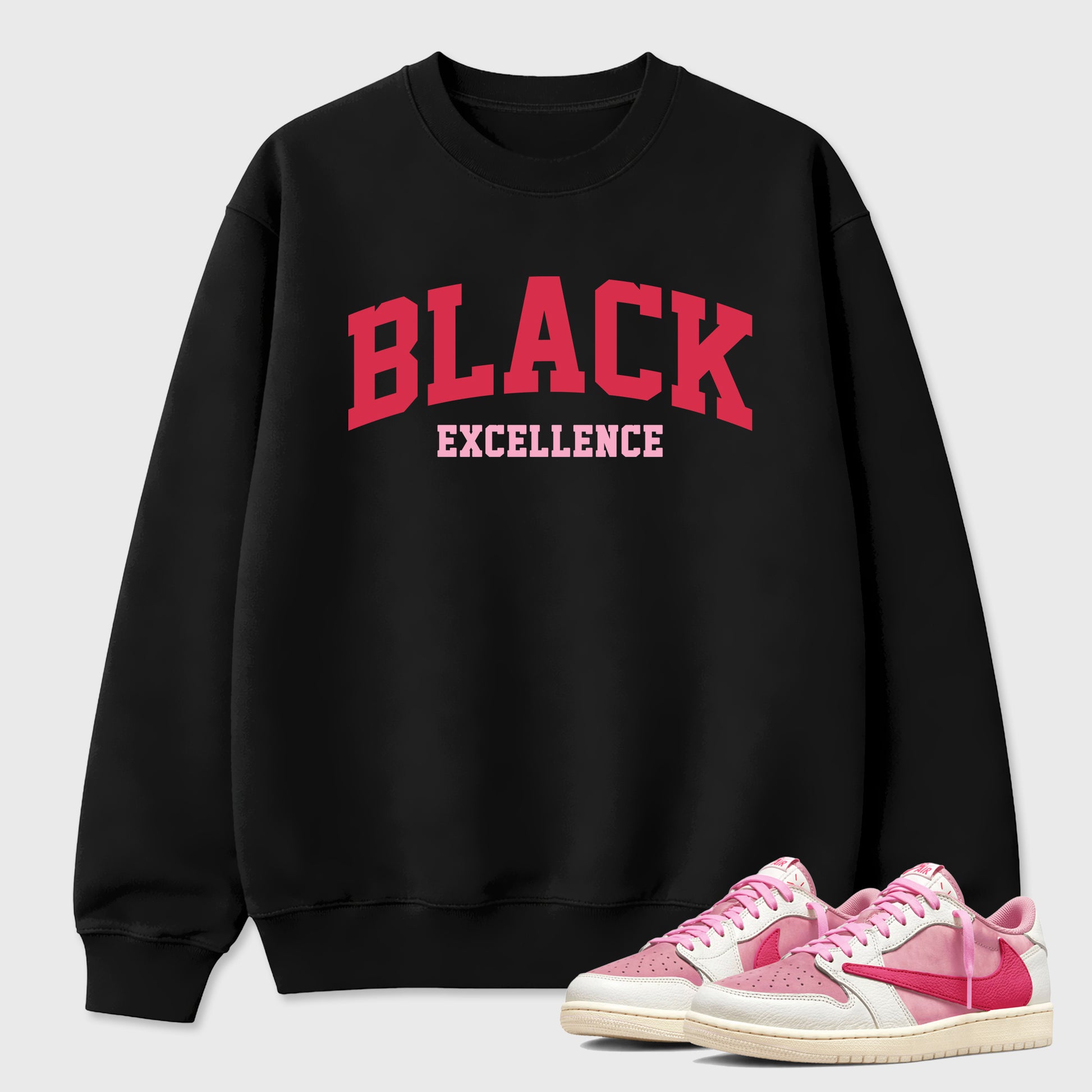 Perfect Sneakerhead Fashion Outfits – Sneaker Tees To Match Air Jordan 1 Low OG x Travis Scott Tropical Pink Shoes – Varsity Black Excellence Graphic Tee Black 1