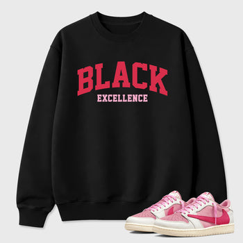 Perfect Sneakerhead Fashion Outfits – Sneaker Tees To Match Air Jordan 1 Low OG x Travis Scott Tropical Pink Shoes – Varsity Black Excellence Graphic Tee Black 1