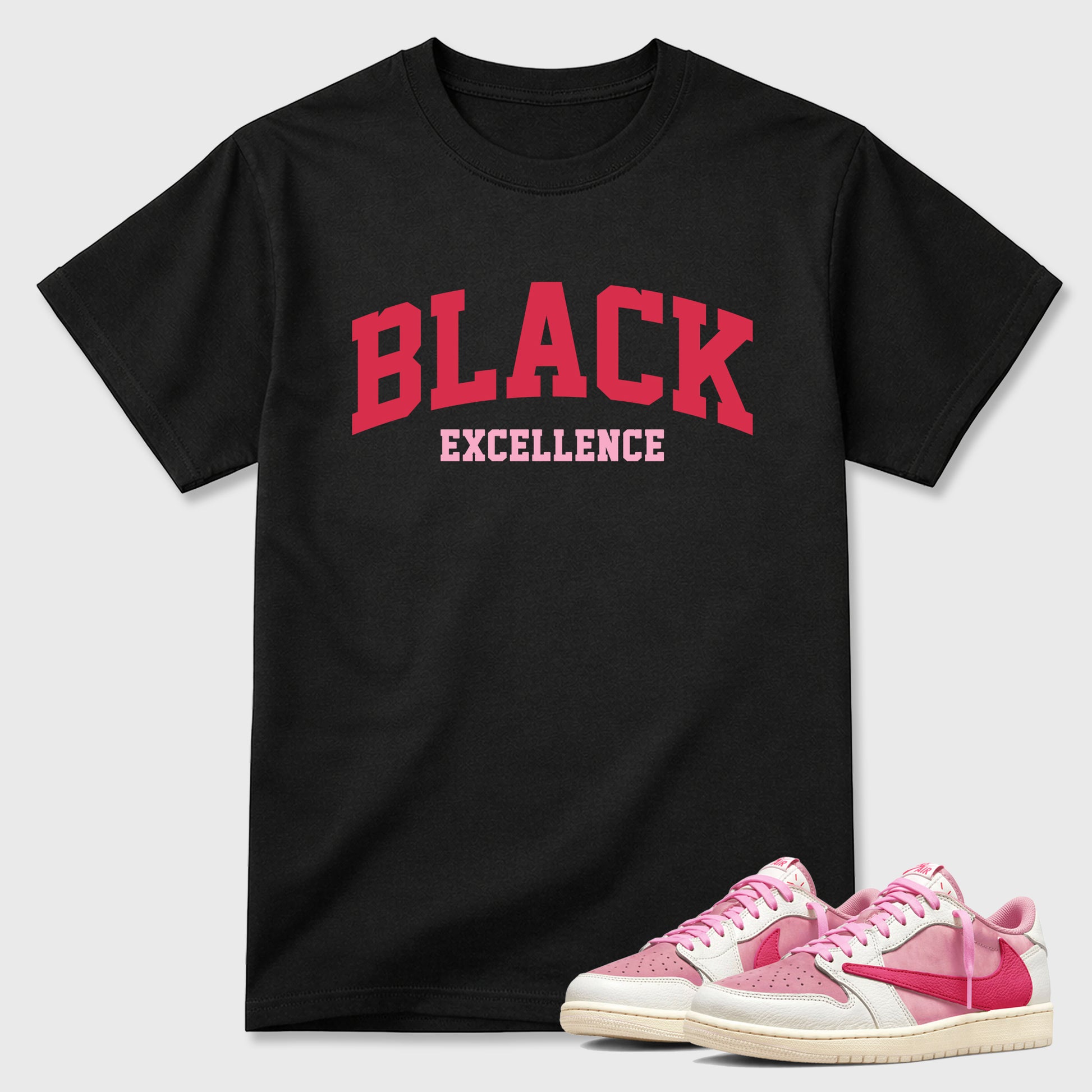 Perfect Sneakerhead Fashion Outfits – Sneaker Tees To Match Air Jordan 1 Low OG x Travis Scott Tropical Pink Shoes – Varsity Black Excellence Graphic Tee Black 1