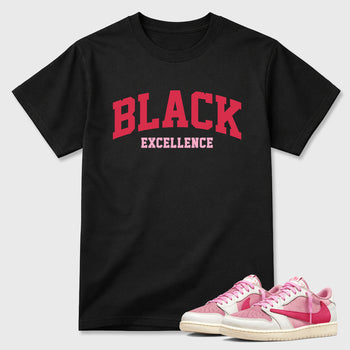 Perfect Sneakerhead Fashion Outfits – Sneaker Tees To Match Air Jordan 1 Low OG x Travis Scott Tropical Pink Shoes – Varsity Black Excellence Graphic Tee Black 1