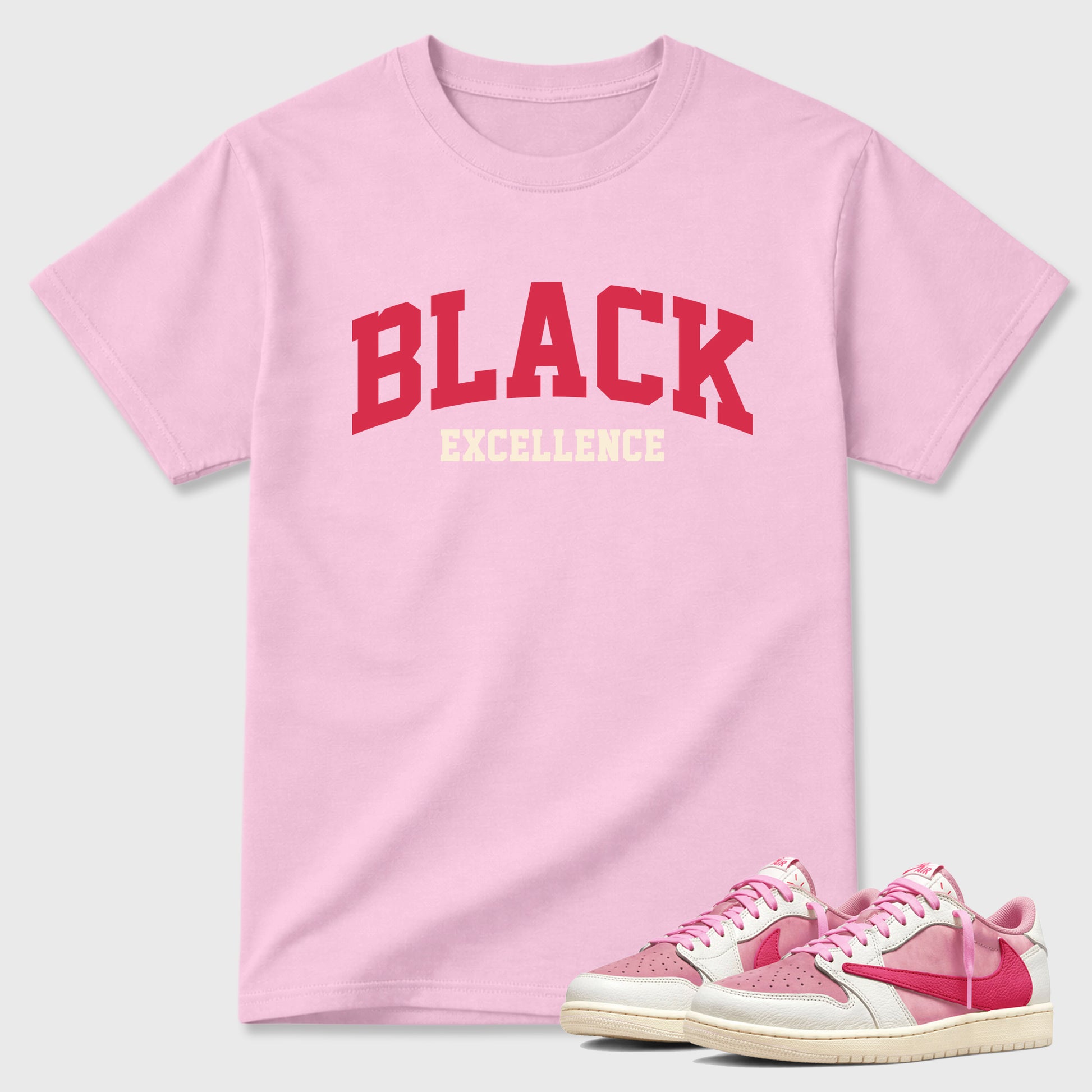 Perfect Sneakerhead Fashion Outfits – Sneaker Tees To Match Air Jordan 1 Low OG x Travis Scott Tropical Pink Shoes – Varsity Black Excellence Graphic Tee Pink 1