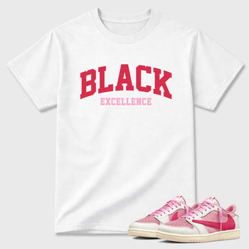 Perfect Sneakerhead Fashion Outfits – Sneaker Tees To Match Air Jordan 1 Low OG x Travis Scott Tropical Pink Shoes – Varsity Black Excellence Graphic Tee White 1