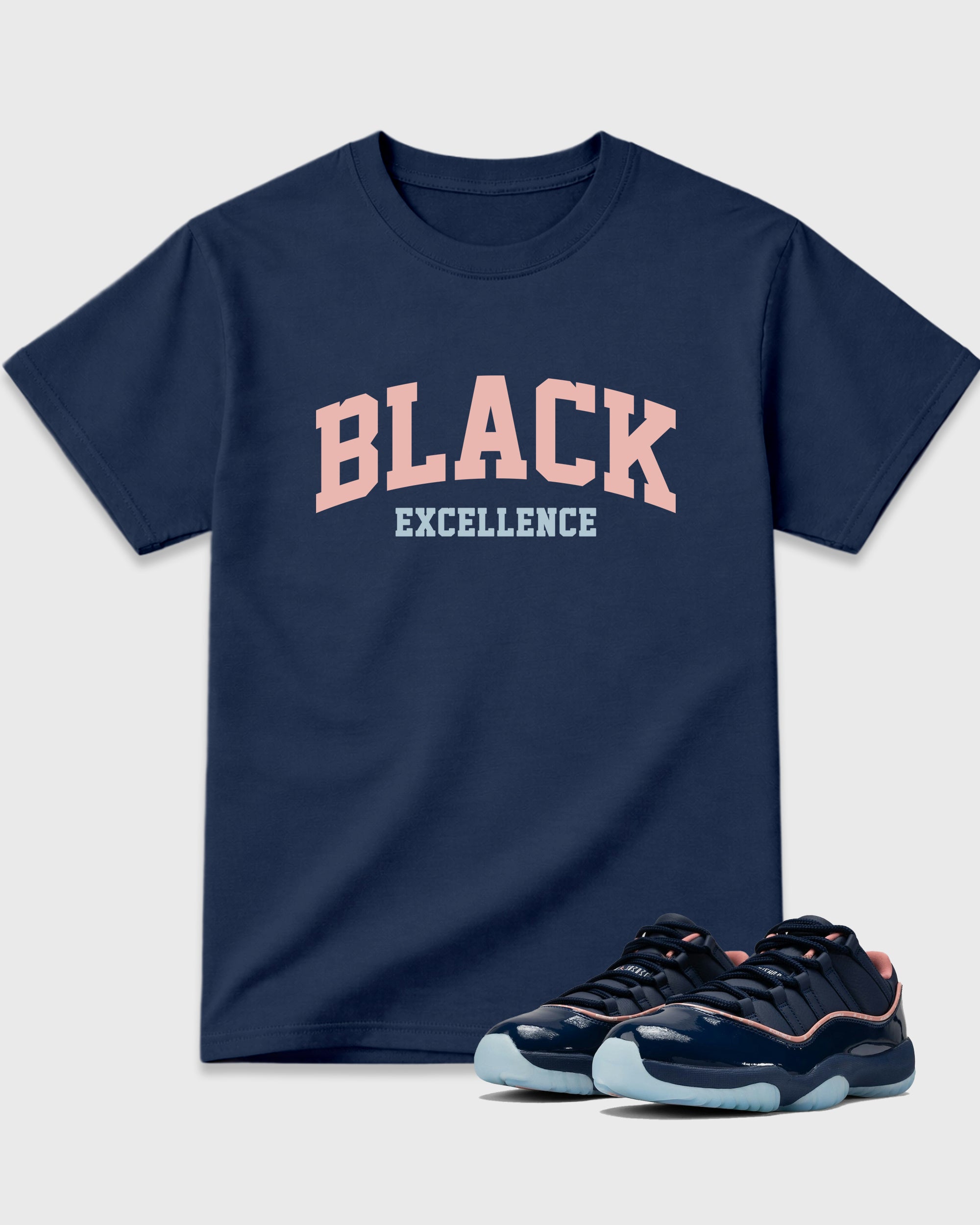 Varsity Black Excellence Graphic T-Shirt featuring original streetwear artwork designed to match the Air Jordan 11 Made For Locals. Navy 1 Graphic T-Shirt.