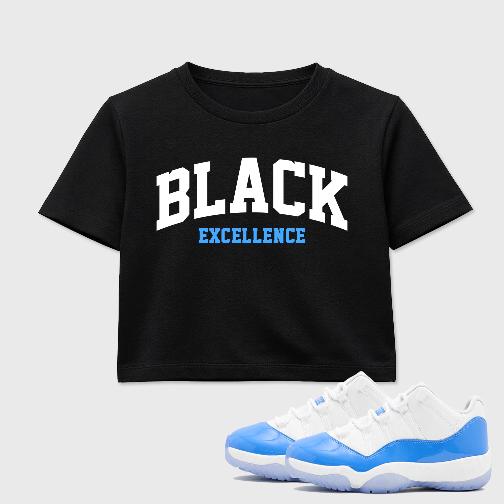 Sneaker match tees – Sneaker Tees To Match Air Jordan 11 University Blue Shoes – Varsity Black Excellence Crop T-Shirt Black 1