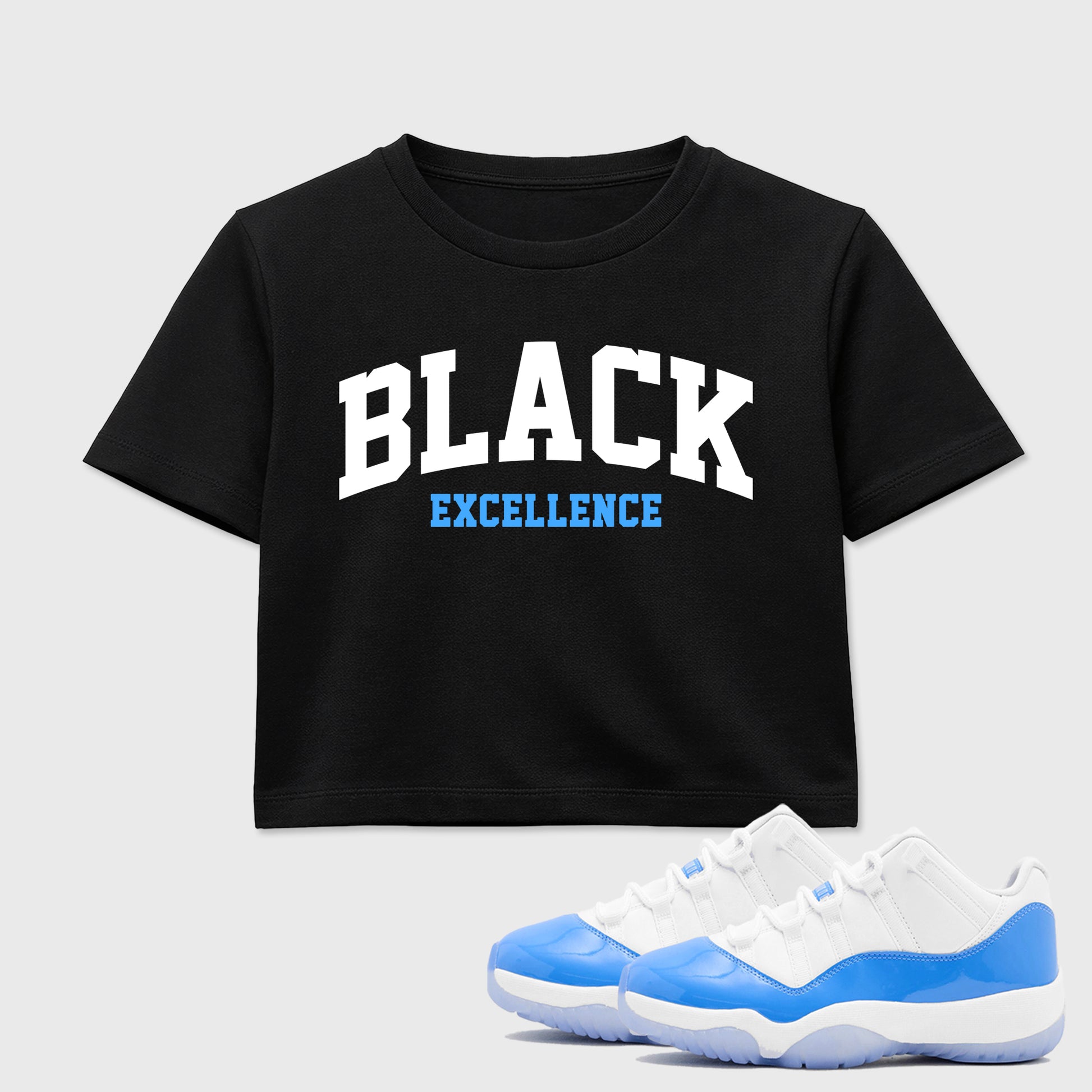 Sneaker match tees – Sneaker Tees To Match Air Jordan 11 University Blue Shoes – Varsity Black Excellence Crop T-Shirt Black 1