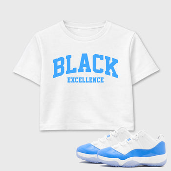 Sneaker match tees – Sneaker Tees To Match Air Jordan 11 University Blue Shoes – Varsity Black Excellence Crop T-Shirt White 1