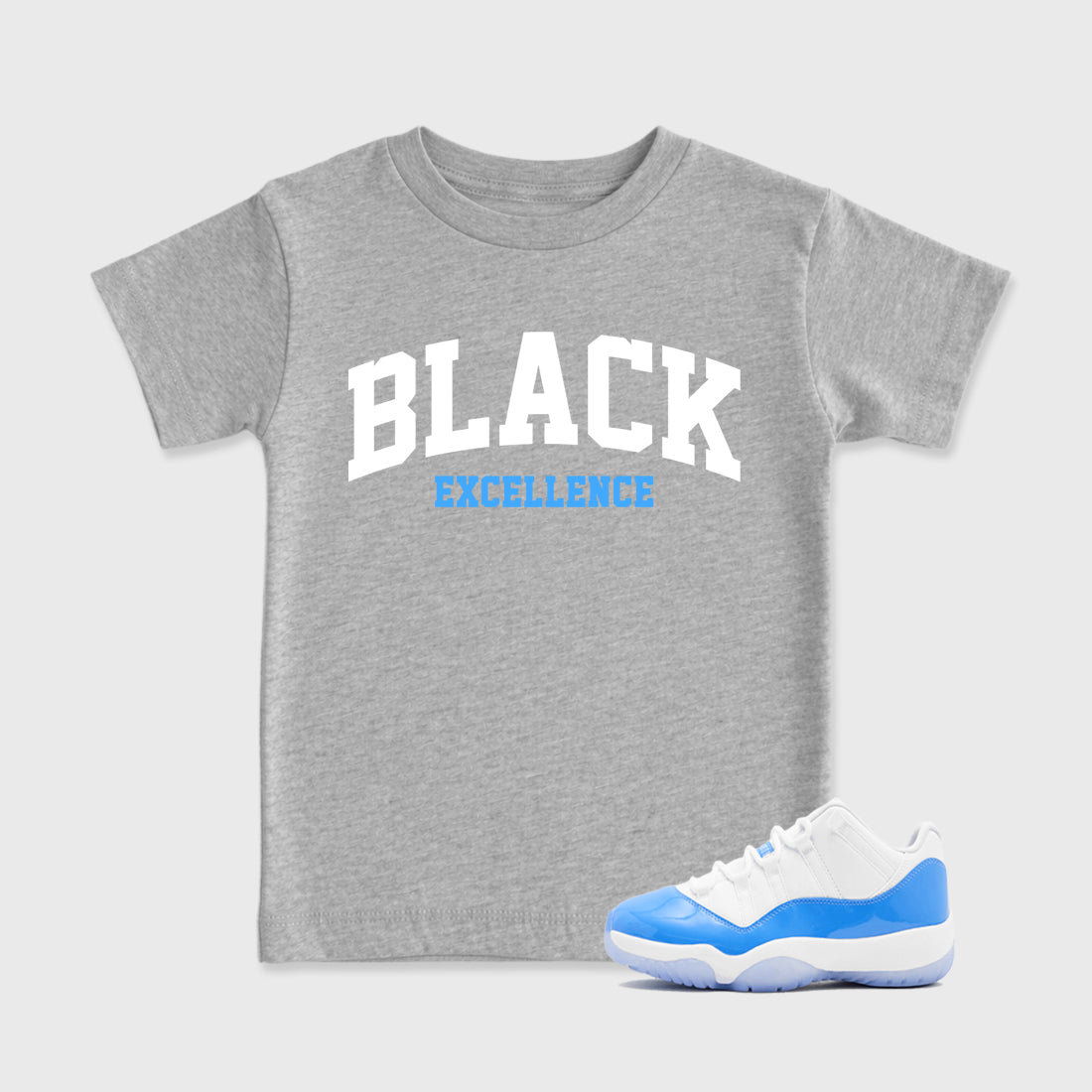 Sneaker match tees – Sneaker Tees To Match Air Jordan 11 University Blue Shoes – Varsity Black Excellence Kids T-Shirt Heather Grey 1