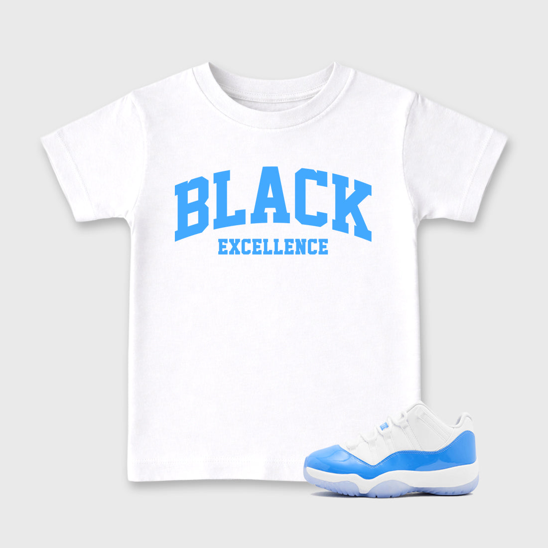 Sneaker match tees – Sneaker Tees To Match Air Jordan 11 University Blue Shoes – Varsity Black Excellence Kids T-Shirt White 1