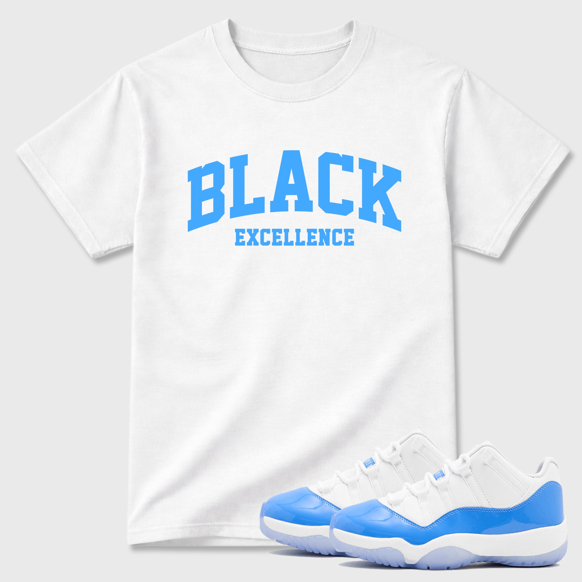 Sneaker match tees – Sneaker Tees To Match Air Jordan 11 University Blue Shoes – Varsity Black Excellence Tee White 1