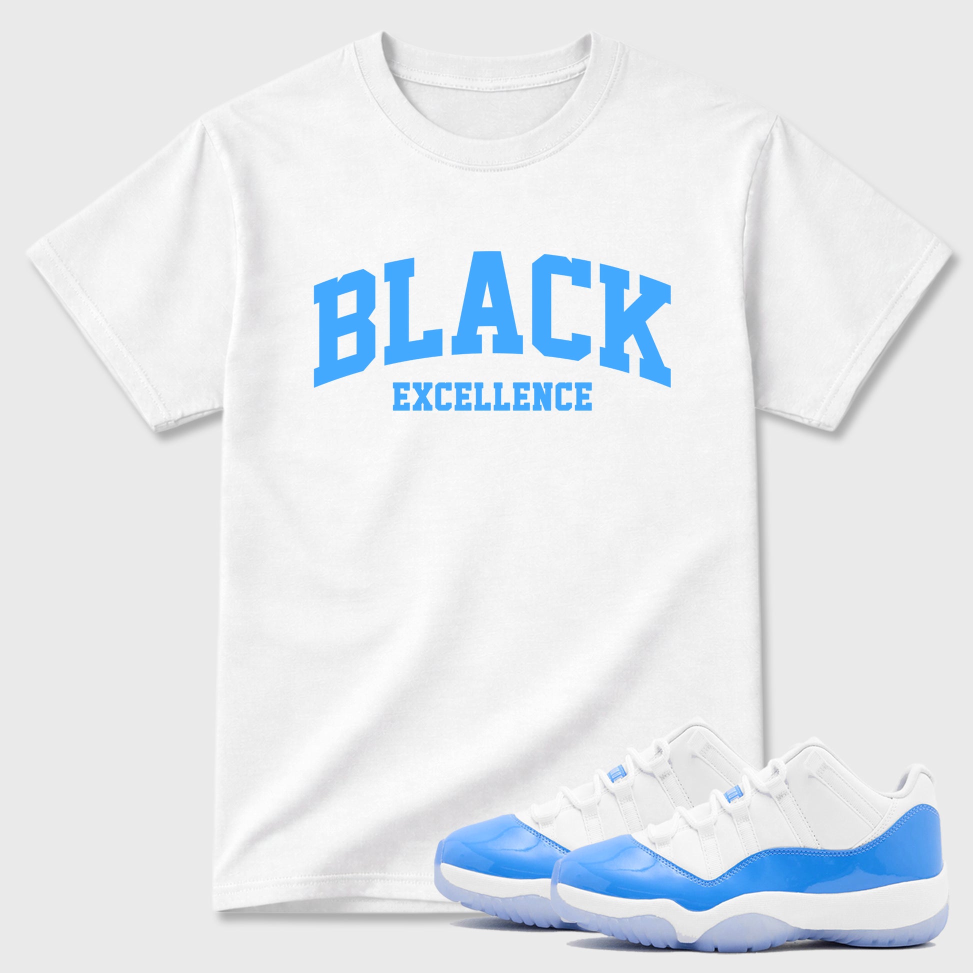 Sneaker match tees – Sneaker Tees To Match Air Jordan 11 University Blue Shoes – Varsity Black Excellence Tee White 1