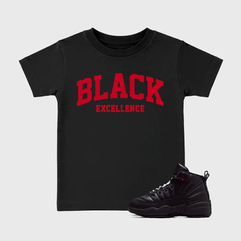 Sneakerfit Streetwear outfit, Sneaker Tees To Match Air Jordan 12 Bloodline – Varsity Black Excellence Graphic Kids Tee Black 1