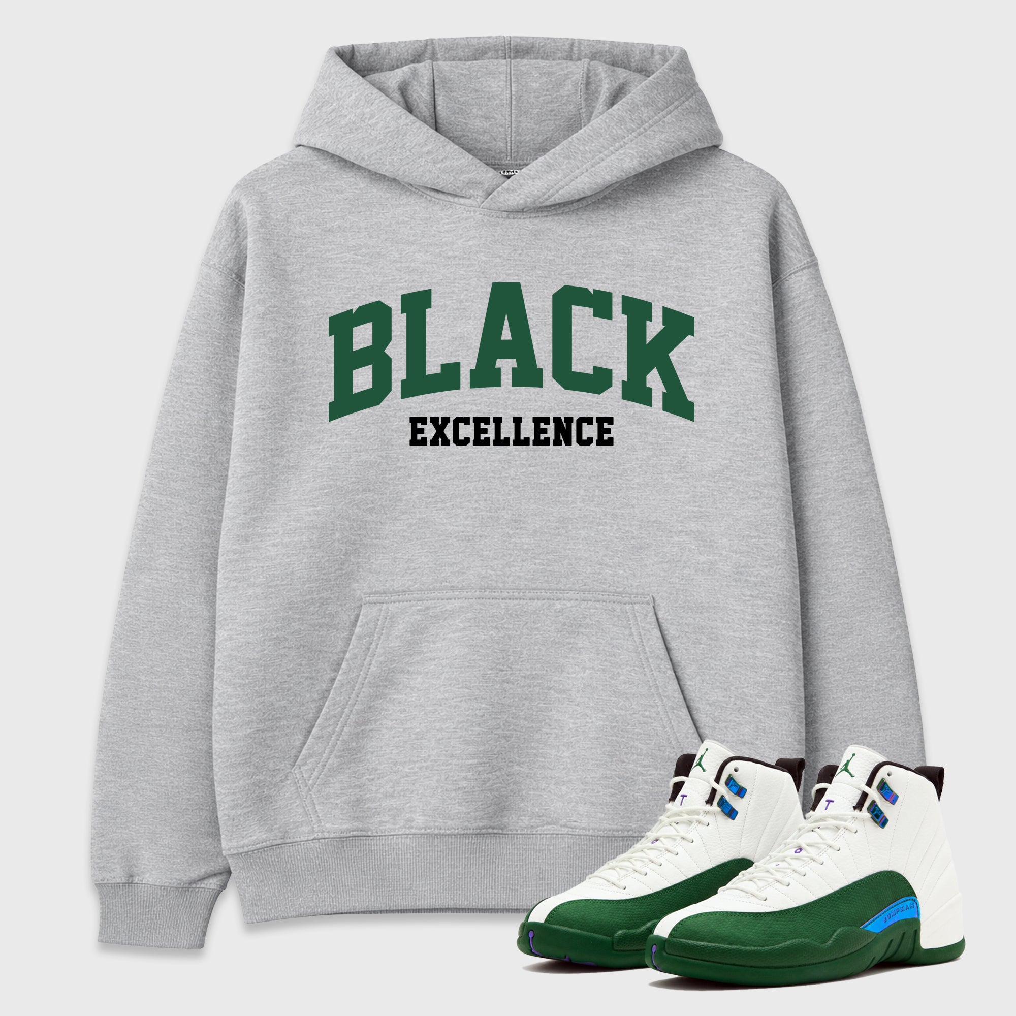 Varsity Black Excellence Graphic T-Shirt featuring original streetwear artwork designed to match the Air Jordan 12 Summit Green. Heather Grey 1 Graphic Tee.