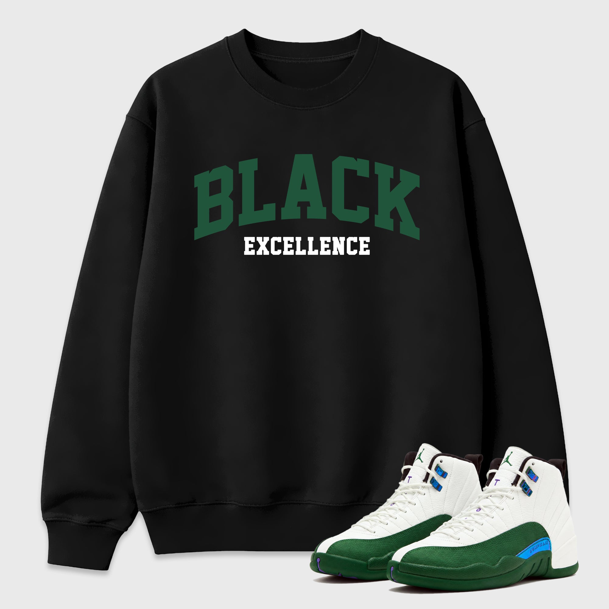 Varsity Black Excellence Graphic T-Shirt featuring original streetwear artwork designed to match the Air Jordan 12 Summit Green. Black 1 Graphic Tee.