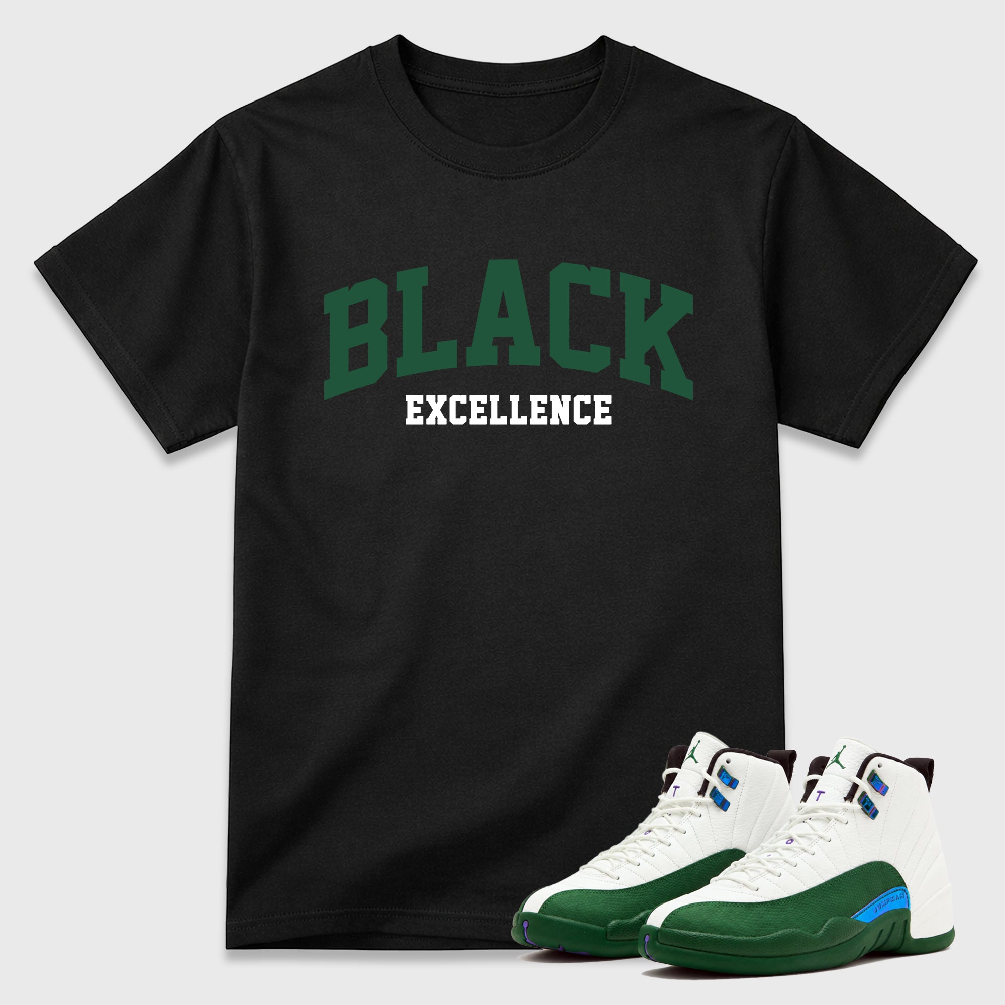 Varsity Black Excellence Graphic T-Shirt featuring original streetwear artwork designed to match the Air Jordan 12 Summit Green. Black 1 Graphic T-Shirt.