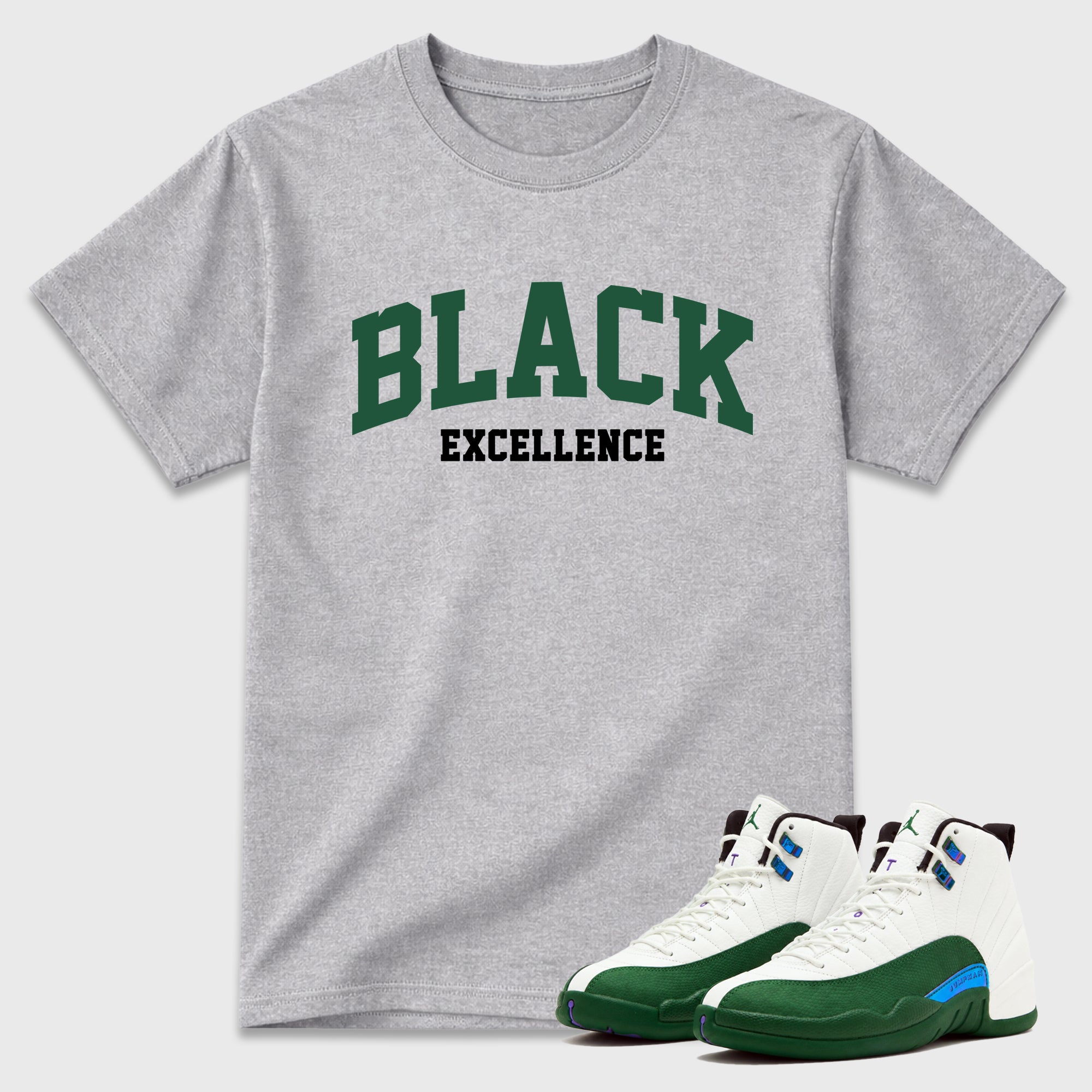 Varsity Black Excellence Graphic T-Shirt featuring original streetwear artwork designed to match the Air Jordan 12 Summit Green. Heather Grey 1 Graphic T-Shirt.