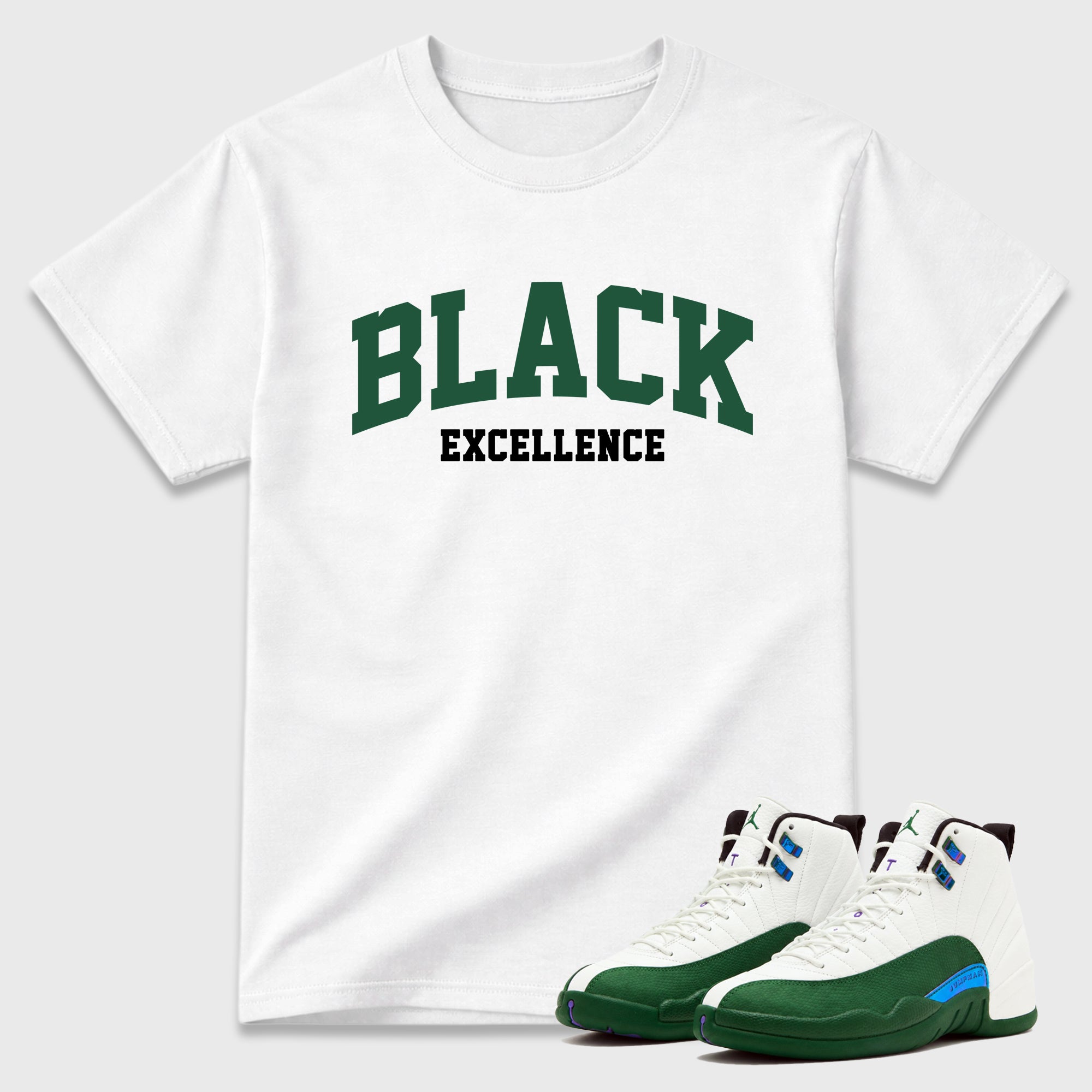 Varsity Black Excellence Graphic T-Shirt featuring original streetwear artwork designed to match the Air Jordan 12 Summit Green. White 1 Graphic T-Shirt.