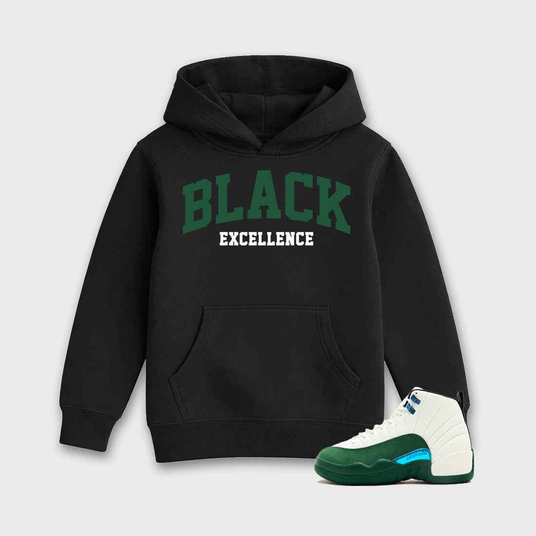 Varsity Black Excellence Baby & Kids Graphic Hoodie featuring original artwork designed to match the Air Jordan 12 Summit Green. Black 1 Kids Graphic Sweater.