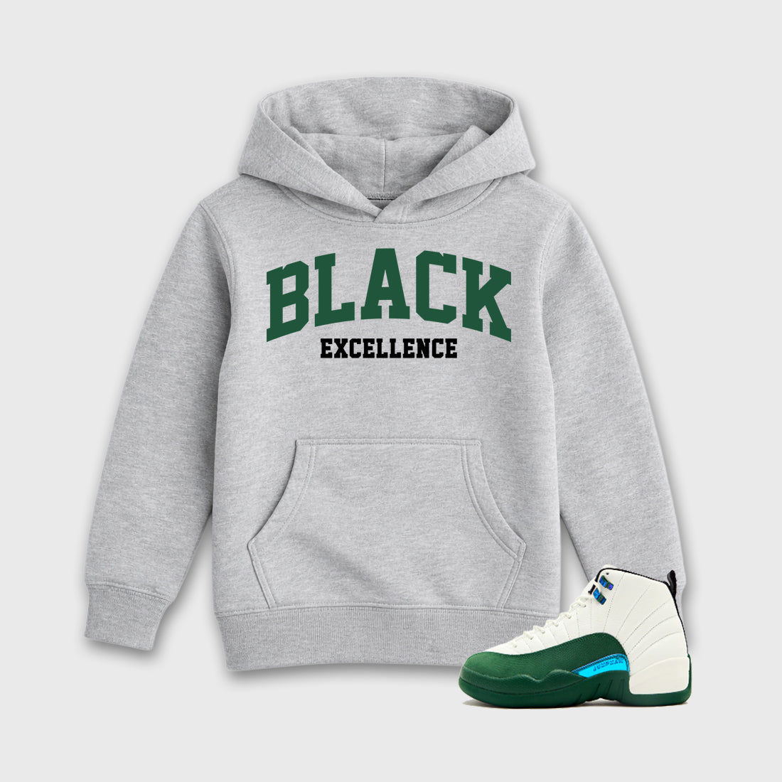 Varsity Black Excellence Baby & Kids Graphic Hoodie featuring original artwork designed to match the Air Jordan 12 Summit Green. Heather Grey 1 Kids Graphic Sweater.