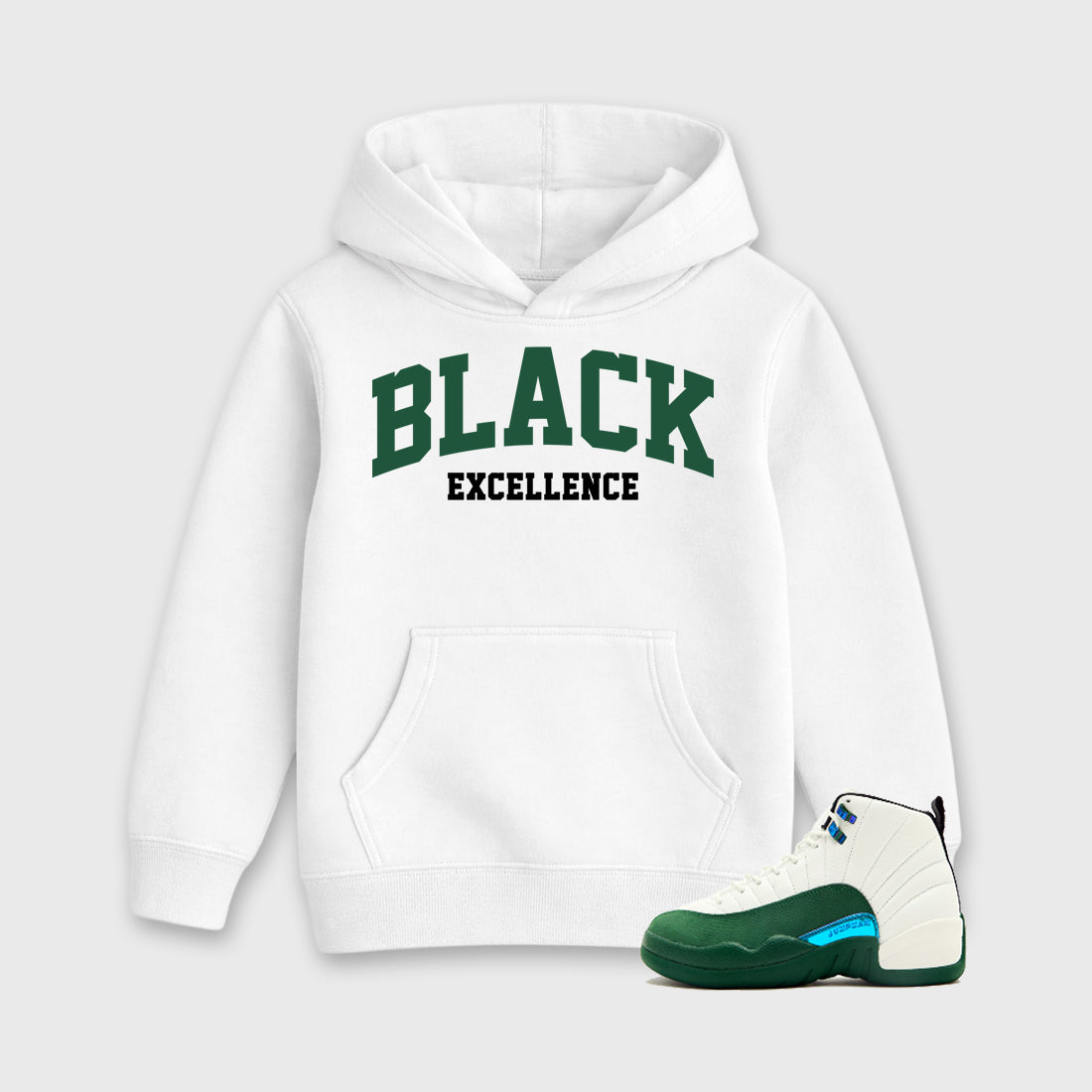 Varsity Black Excellence Baby & Kids Graphic Hoodie featuring original artwork designed to match the Air Jordan 12 Summit Green. White 1 Kids Graphic Sweater.