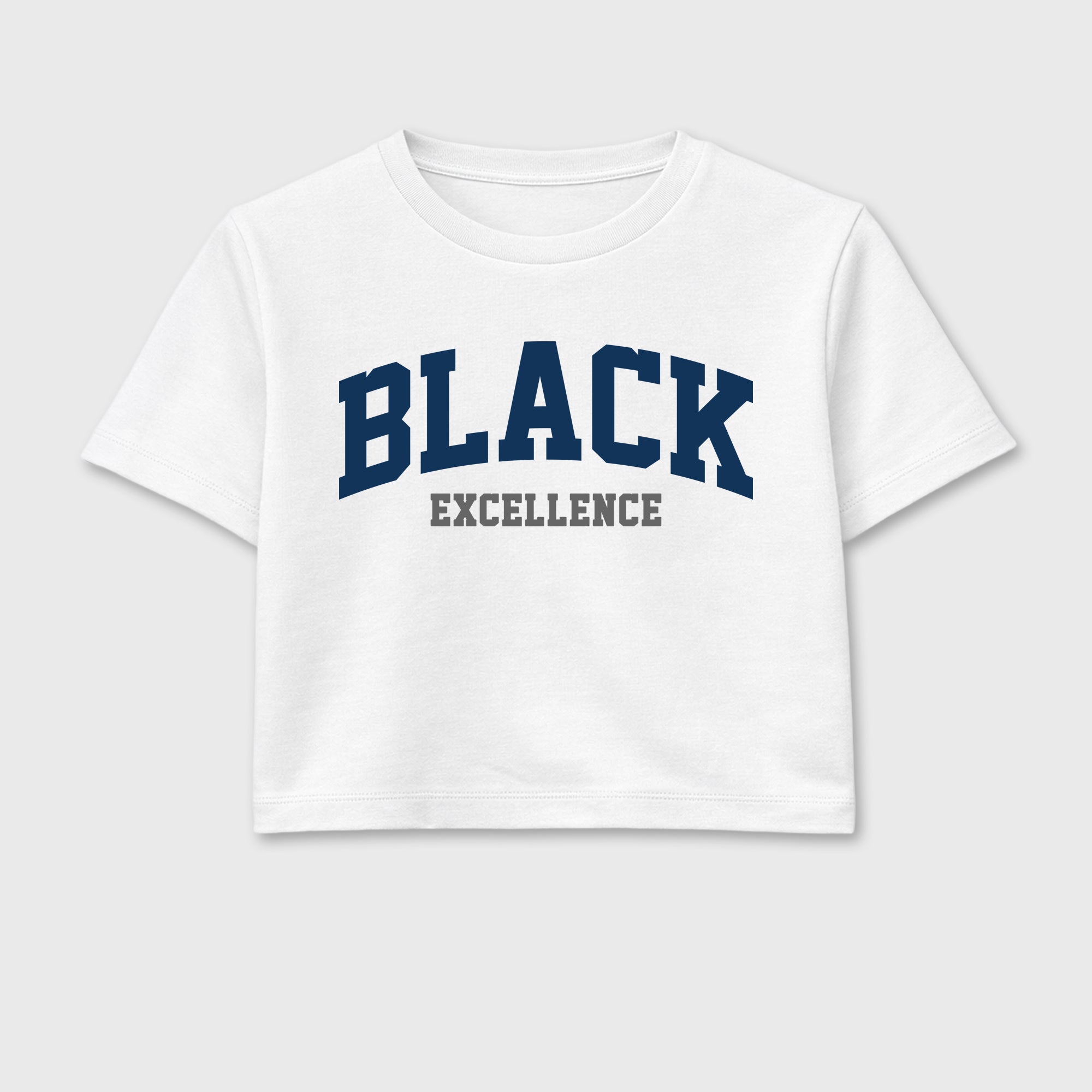 Varsity Black Excellence women’s crop tee designed to match the Air Jordan 13 Flint, featuring coordinated White 2 options for a perfect streetwear vibe.