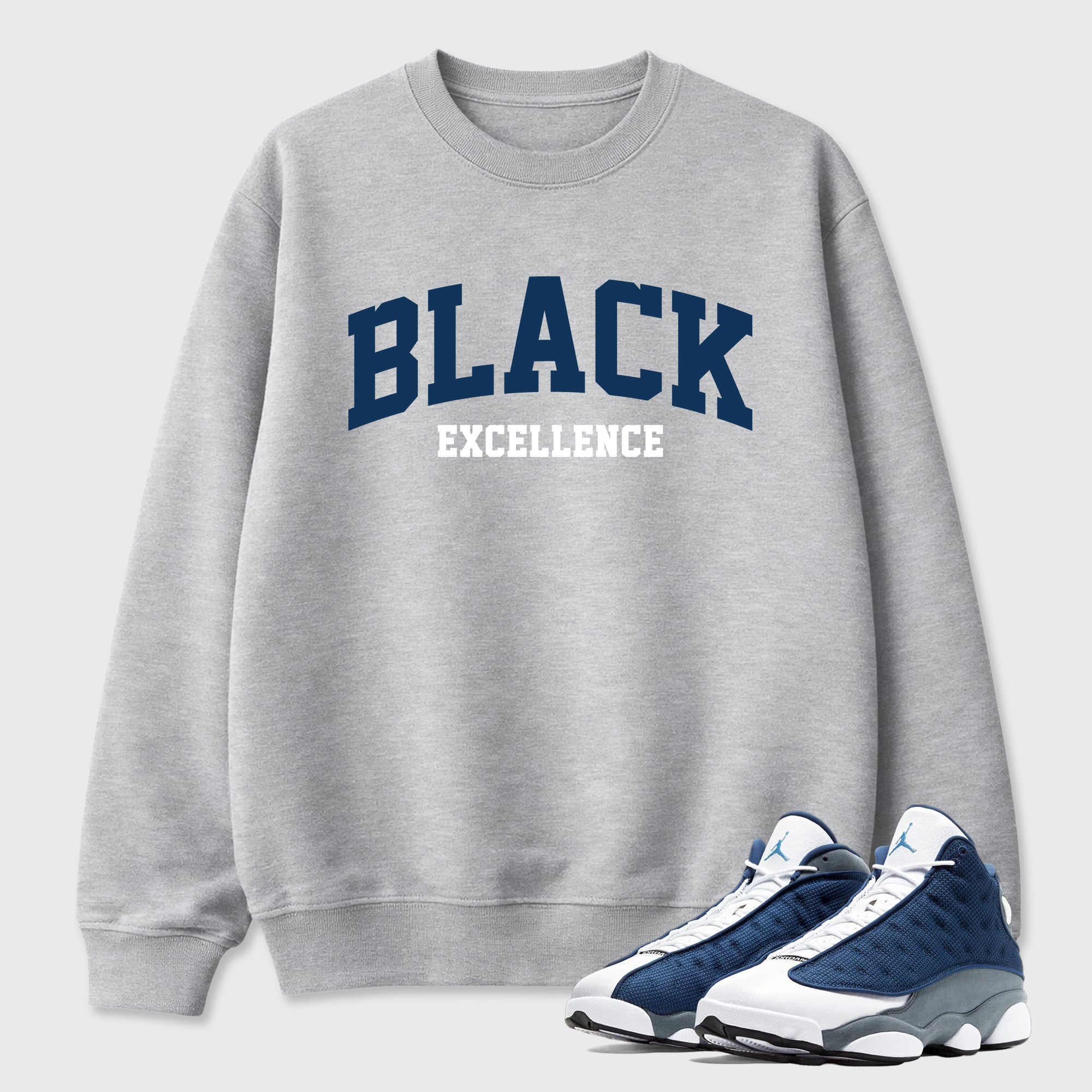 Varsity Black Excellence Graphic T-Shirt featuring original streetwear artwork designed to match the Air Jordan 13 Flint. Heather Grey 1 Graphic Tee.