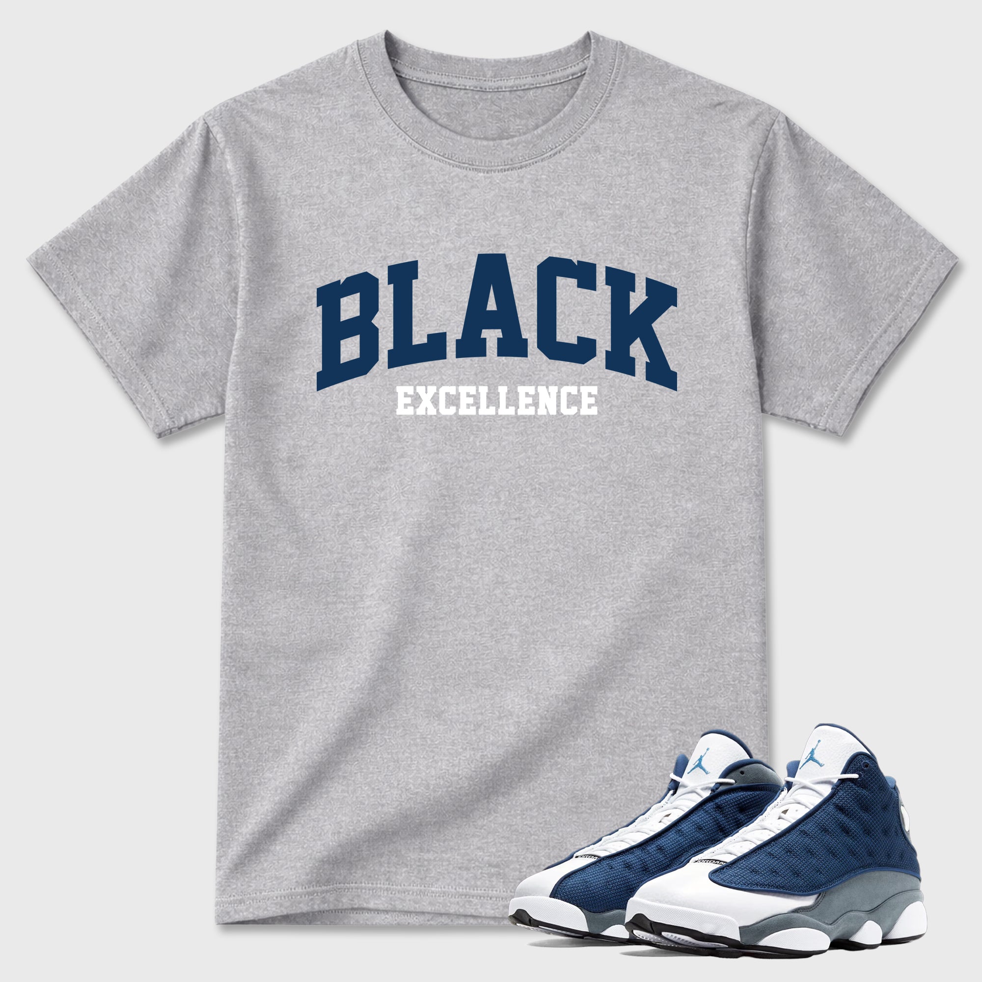 Varsity Black Excellence Graphic T-Shirt featuring original streetwear artwork designed to match the Air Jordan 13 Flint. Heather Grey 1 Graphic T-Shirt.
