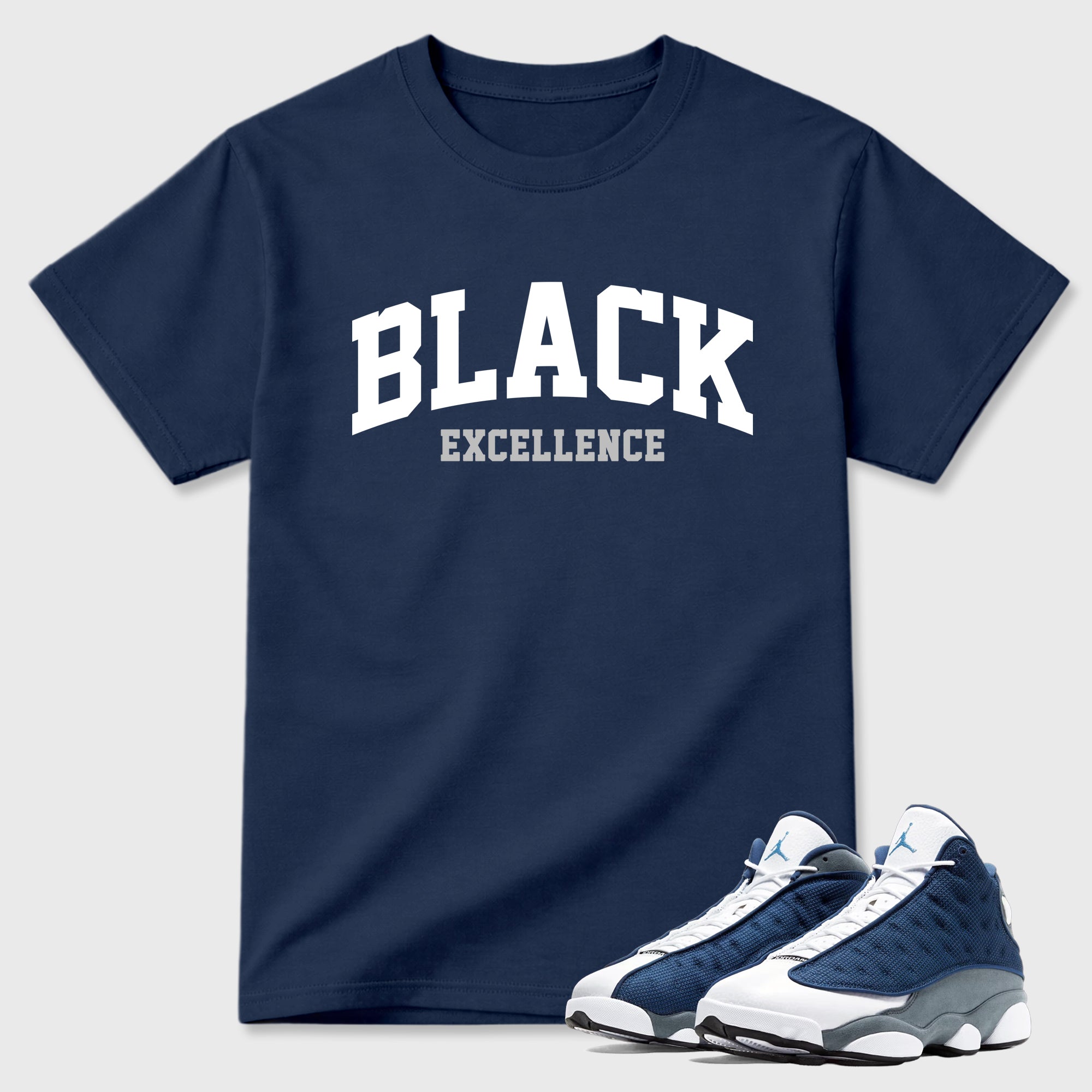 Varsity Black Excellence Graphic T-Shirt featuring original streetwear artwork designed to match the Air Jordan 13 Flint. Navy 1 Graphic T-Shirt.