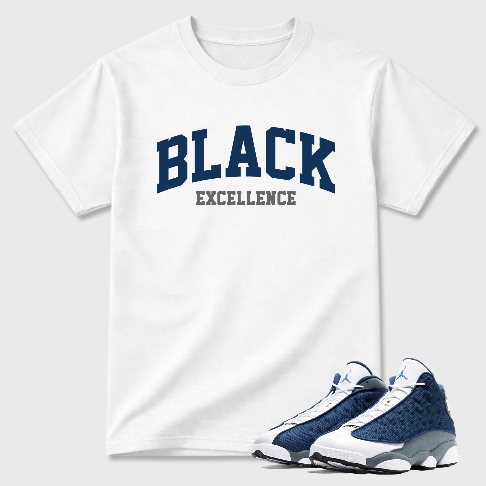 Varsity Black Excellence Graphic T-Shirt featuring original streetwear artwork designed to match the Air Jordan 13 Flint. White 1 Graphic T-Shirt.