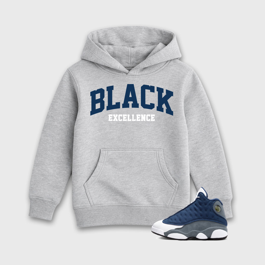 Varsity Black Excellence Baby & Kids Graphic Hoodie featuring original artwork designed to match the Air Jordan 13 Flint. Heather Grey 1 Kids Graphic Sweater.