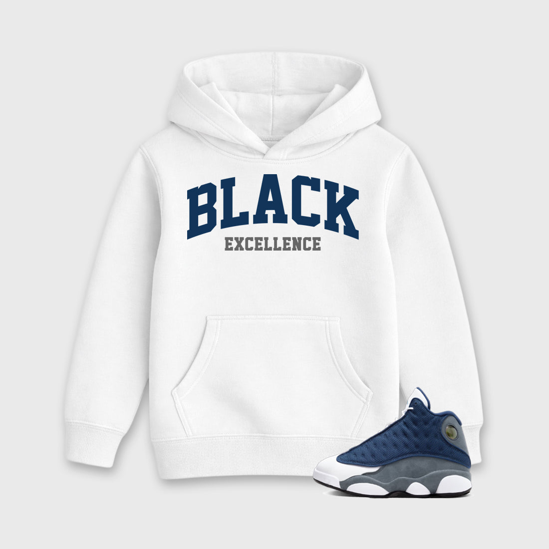 Varsity Black Excellence Baby & Kids Graphic Hoodie featuring original artwork designed to match the Air Jordan 13 Flint. White 1 Kids Graphic Sweater.