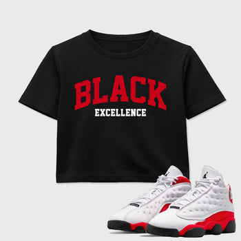 Sneaker match tees – Sneaker Tees To Match Air Jordan 13 University Red Shoes – Varsity Black Excellence Crop T-Shirt Black 1