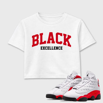 Sneaker match tees – Sneaker Tees To Match Air Jordan 13 University Red Shoes – Varsity Black Excellence Crop T-Shirt White 1
