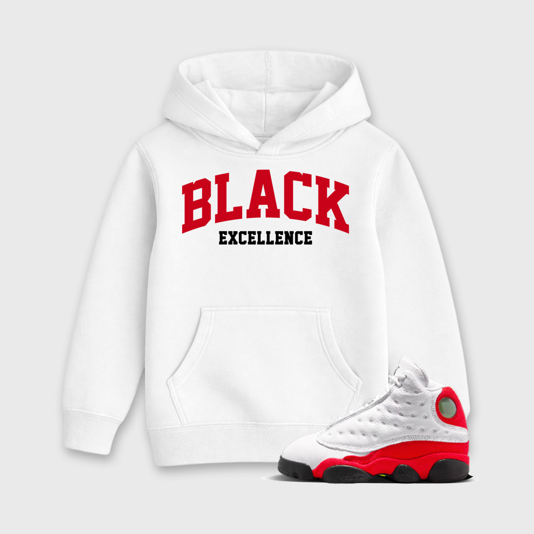 Sneaker match tees – Sneaker Tees To Match Air Jordan 13 University Red Shoes – Varsity Black Excellence Kids T-Shirt White 1