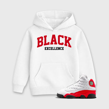 Sneaker match tees – Sneaker Tees To Match Air Jordan 13 University Red Shoes – Varsity Black Excellence Kids T-Shirt White 1