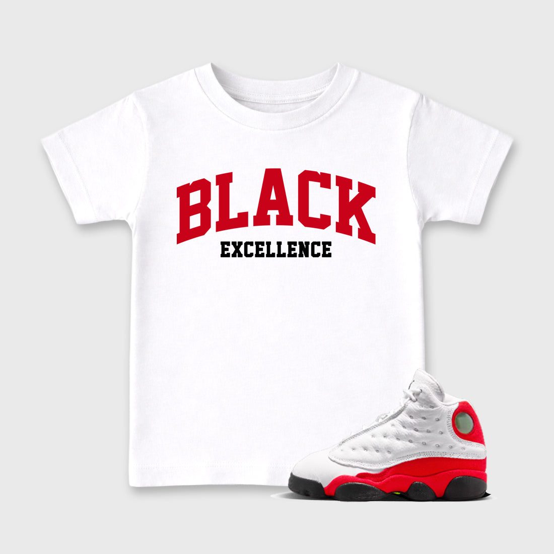 Sneaker match tees – Sneaker Tees To Match Air Jordan 13 University Red Shoes – Varsity Black Excellence Kids T-Shirt White 1