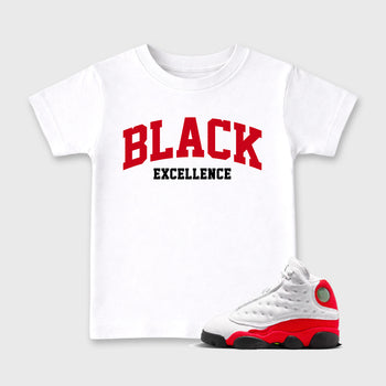Sneaker match tees – Sneaker Tees To Match Air Jordan 13 University Red Shoes – Varsity Black Excellence Kids T-Shirt White 1