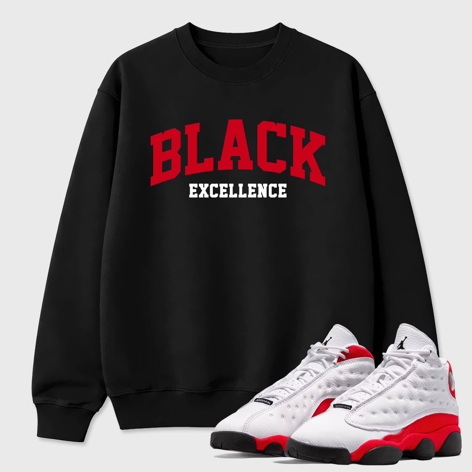 Sneaker match tees – Sneaker Tees To Match Air Jordan 13 University Red Shoes – Varsity Black Excellence Tee Black 1