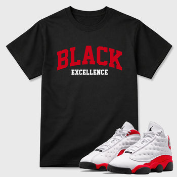Sneaker match tees – Sneaker Tees To Match Air Jordan 13 University Red Shoes – Varsity Black Excellence Tee Black 1