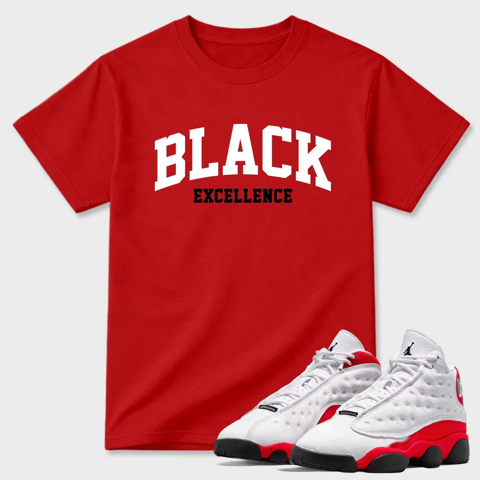 Sneaker match tees – Sneaker Tees To Match Air Jordan 13 University Red Shoes – Varsity Black Excellence Tee Red 1