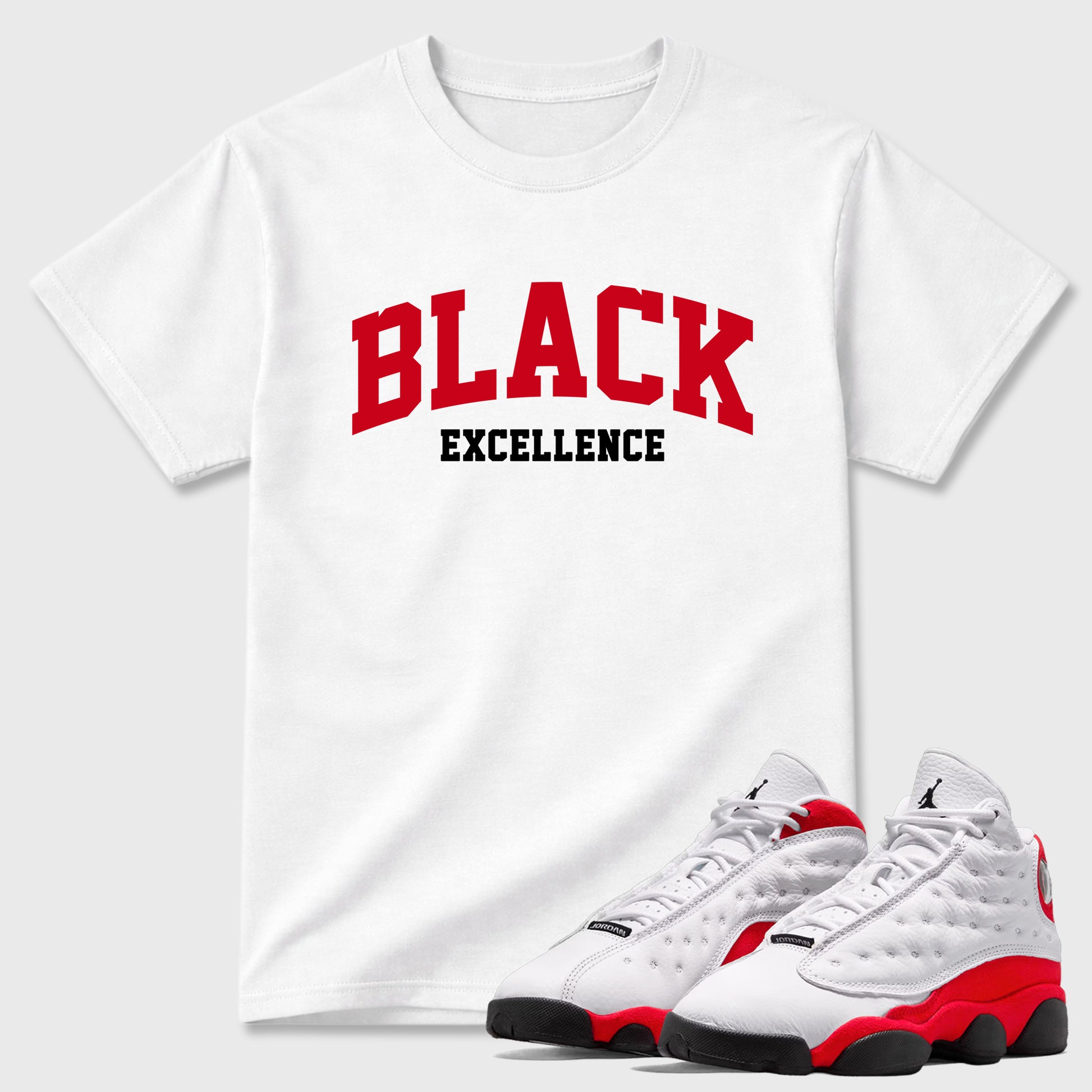Sneaker match tees – Sneaker Tees To Match Air Jordan 13 University Red Shoes – Varsity Black Excellence Tee White 1